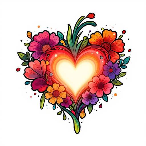 Digital illustration of a glowing heart surrounded by vibrant, colorful flowers in red, orange, purple, and pink, with green leaves and splatters. Bright