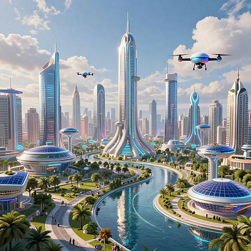 CGI futuristic cityscape with sleek skyscrapers, flying drones, winding river, blue-domed buildings, and lush green parks under a bright blue