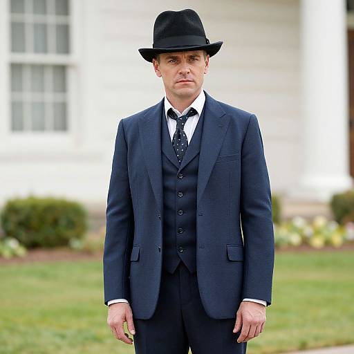 Photograph of a fair-skinned man in a dark navy three-piece suit, white shirt, polka dot tie, black bowler hat, standing