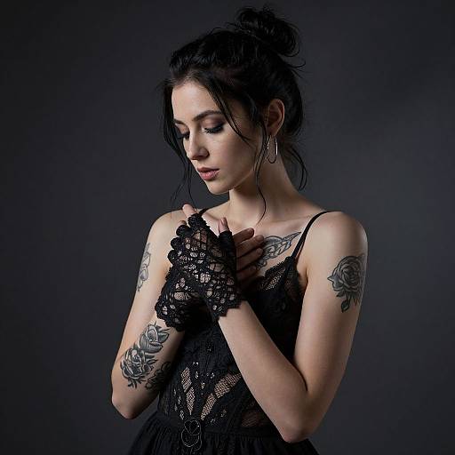 Photograph of a tattooed, pale-skinned woman with black hair in a messy bun, wearing a black lace top and fingerless lace gloves,