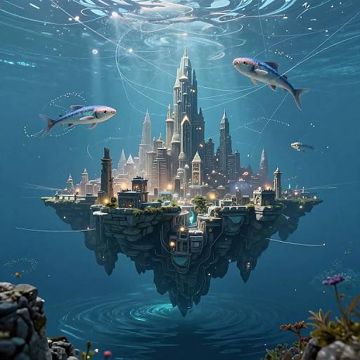 Digital artwork of a futuristic, floating city with towering skyscrapers, illuminated by sunlight from above, surrounded by three colorful fish in a deep blue ocean