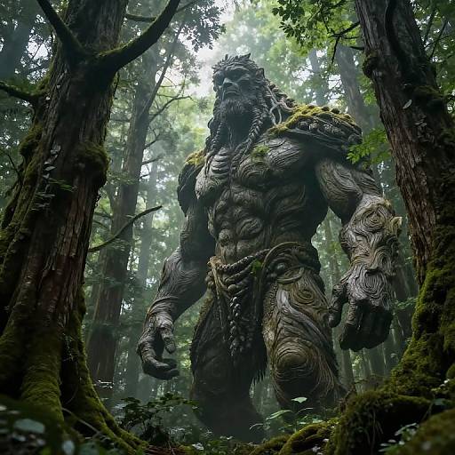 CGI forest scene with a towering, muscular, tree-like humanoid creature with bark texture, moss-covered armor, and fierce expression, standing amid dense,