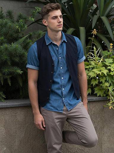Young Man in Denim Shirt and Vest Outdoors