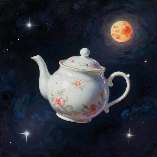 A whimsical digital illustration of a white teapot with red floral patterns floating in a starry night sky with a glowing red moon.