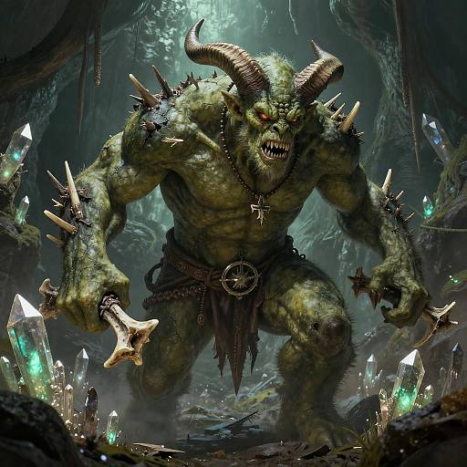 Digital artwork of a muscular, green-skinned demon with sharp horns, red eyes, spiked armor, and a dark loincloth, surrounded by glowing