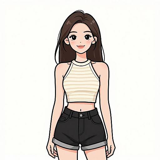 Digital anime-style drawing of a cute young woman with long brown hair, wearing a white striped crop top and black high-waisted shorts.