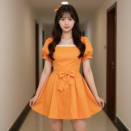 Photograph of an Asian woman with long black hair, wearing an orange short-sleeved dress with a bow, standing in a brightly lit, narrow
