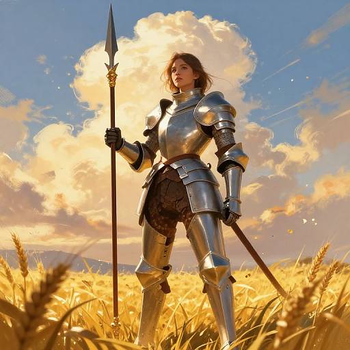 Digital painting of a female knight in shiny silver armor, holding a spear, standing in a golden wheat field under a bright, cloudy sky.