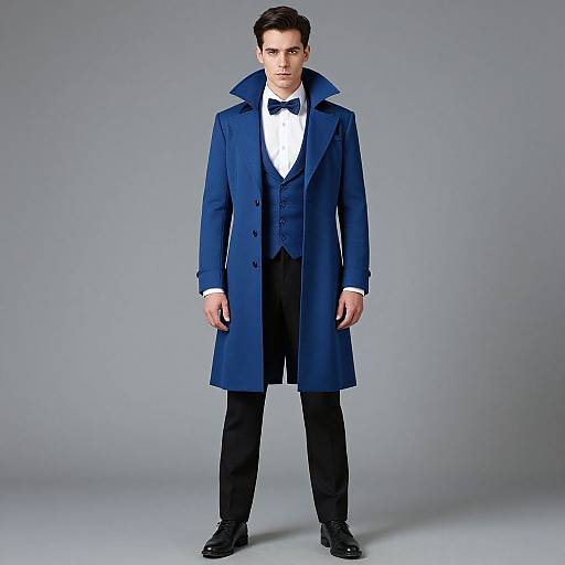 Photograph of a handsome young man in a blue long coat, white dress shirt, black bow tie, black trousers, and black shoes, standing against