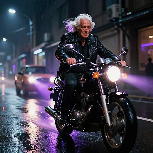 Elderly Man on Neon-Lit Vintage Motorcycle