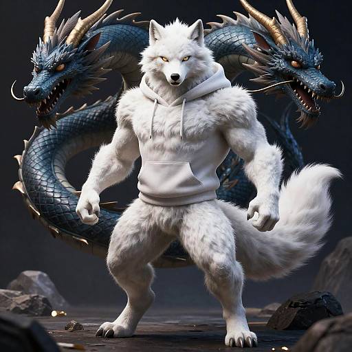 Photorealistic White Wolf with Dragon Companion