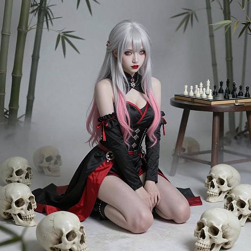 Mystic Woman Among Skulls and Chessboard