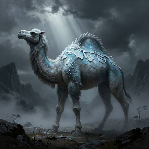 Digital painting of a fantastical, armored, blue-scaled camel with spiked back, standing in a misty, rocky, mountainous landscape under moon