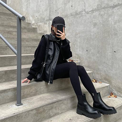 Woman in Black Sitting on Concrete Stairs