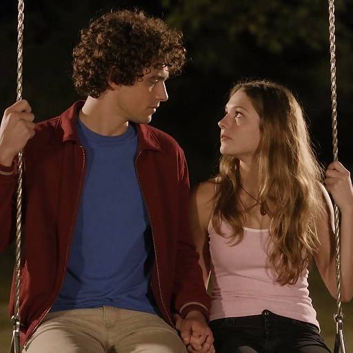 Young Couple Holding Hands on Swing at Night