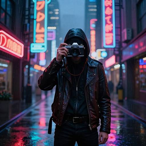 Photograph of a hooded man in a black leather jacket, holding a camera, standing in a neon-lit, rainy urban street.