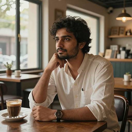 Photograph of a thoughtful Indian man with curly hair and beard, wearing a white button-up shirt, sitting at a café table with a glass of coffee