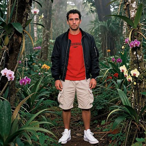 Photograph of a muscular man with short dark hair, wearing a red t-shirt, black jacket, beige shorts, and white sneakers, standing in a