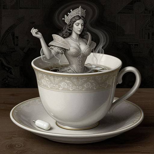 Digital artwork: A detailed, silver-toned princess with crown and ornate dress, emerging from a large, decorative white teacup with matching sa