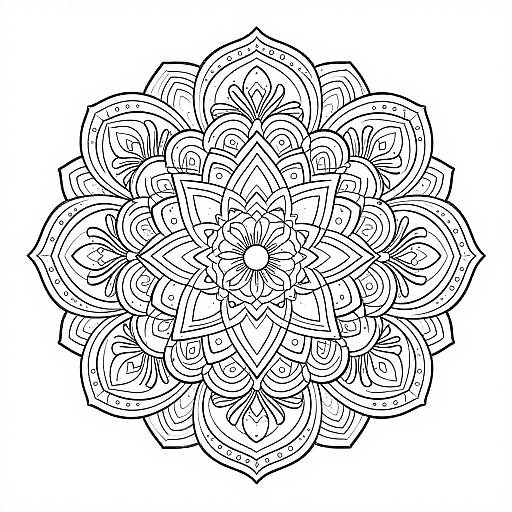 Black and white intricate mandala drawing featuring symmetrical, layered petal-like patterns with detailed line work and radial symmetry.