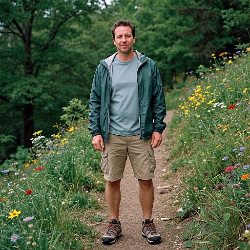 Photograph of a smiling, bearded man in a green jacket, light blue shirt, beige shorts, and brown shoes standing on a flower-lined forest