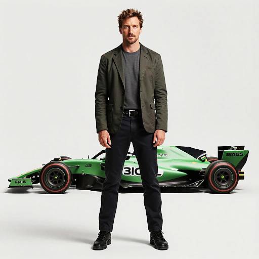 Man Standing Beside Green Formula 1 Car