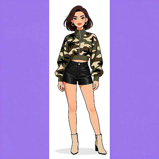 Digital drawing of a woman with short brown hair, wearing a camo jacket, black shorts, white ankle socks, and beige boots, set against a