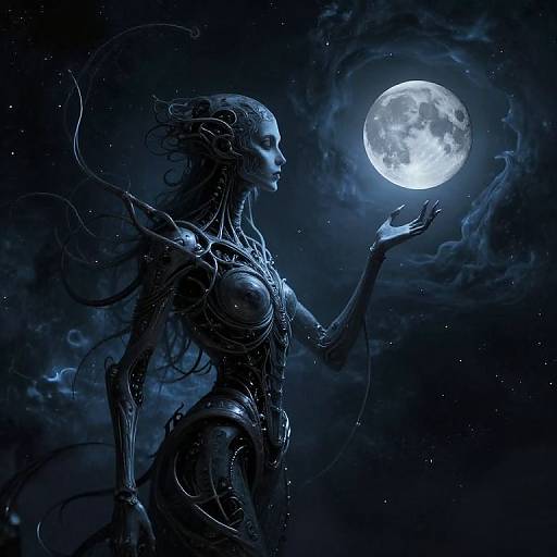 Digital artwork of a futuristic, cybernetic, female figure with flowing hair, illuminated by a glowing full moon in a starry night sky. She
