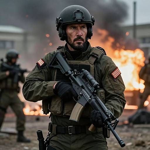 Photograph of intense, bearded male soldier in tactical gear, helmet, and holding rifle, standing in front of blazing fire with smoke, American flag