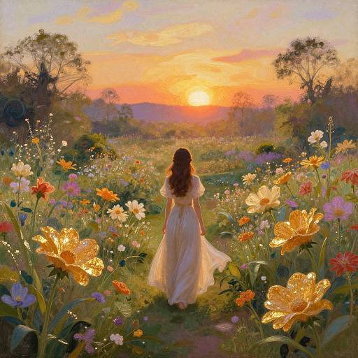 Digital painting of a woman with long brown hair in a flowing white dress, walking through a vibrant, colorful meadow of flowers at sunset, with trees