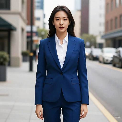 Photograph of an Asian woman with long black hair, wearing a navy blue suit and white shirt, standing on a city street. Blurred buildings and