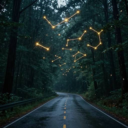 Photograph of a rain-soaked forest road at night with a constellation of glowing yellow lights floating above, creating a magical atmosphere.
