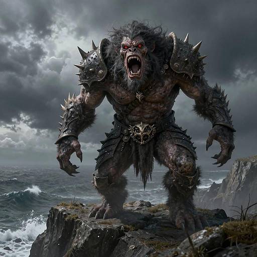 Digital artwork of a fierce, muscular, dark-furred werewolf with spiked armor, bared teeth, and glowing eyes, standing on a rocky cliff