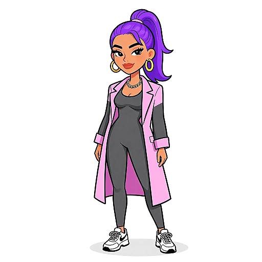 Cartoon-style drawing of a confident woman with purple ponytail, large hoop earrings, pink lab coat, black bodysuit, and white sneakers.