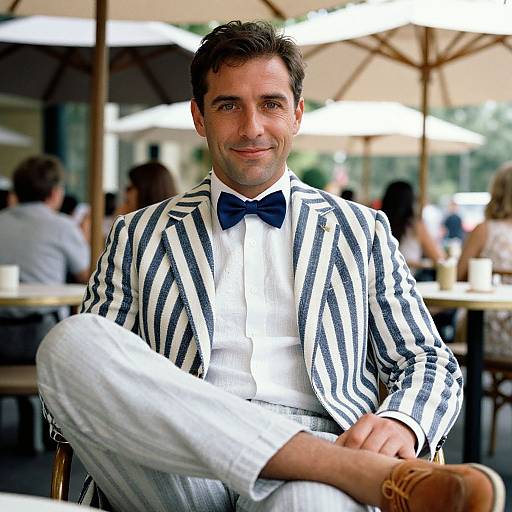 Photograph of a handsome man with short dark hair, wearing a striped black and white suit, navy bow tie, white shirt, and brown shoes,