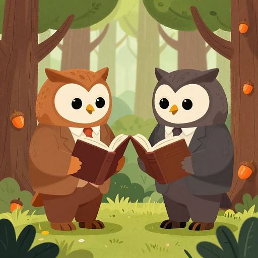 Two cartoon owls, one brown, one gray, wearing suits, standing in a sunlit forest, reading a book together. Digital illustration.
