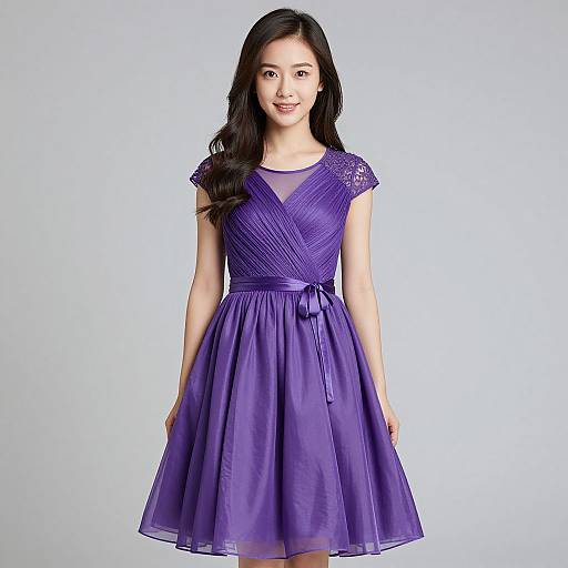 Photograph of an Asian woman with long black hair, wearing a purple, lace-trimmed, short-sleeve, V-neck, knee-length