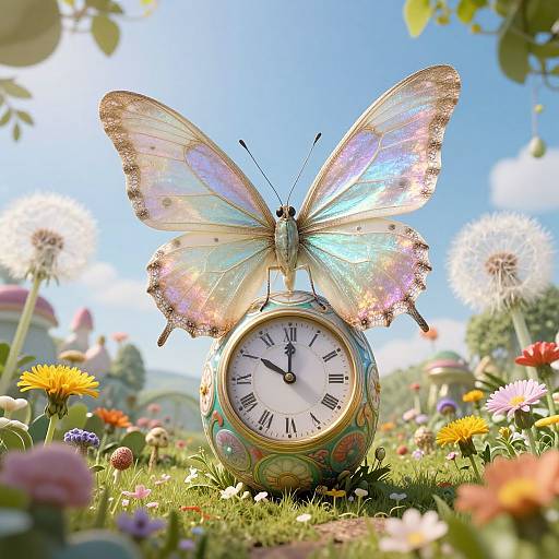 Photograph of a colorful butterfly perched on an ornate, vintage clock with a floral garden background, bright blue sky, and blooming flowers.