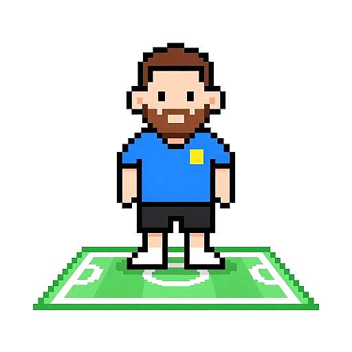 Pixel art of a bearded man with brown hair, blue shirt, black shorts, standing on a green pixelated mat.