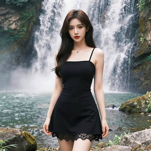 Photorealistic digital image of an East Asian woman with long black hair, wearing a black lace-trimmed dress, standing in front of a casc