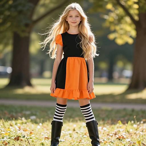 Photograph of a young blonde girl with long hair, wearing a black and orange dress, striped black-and-white socks, and black boots, standing in