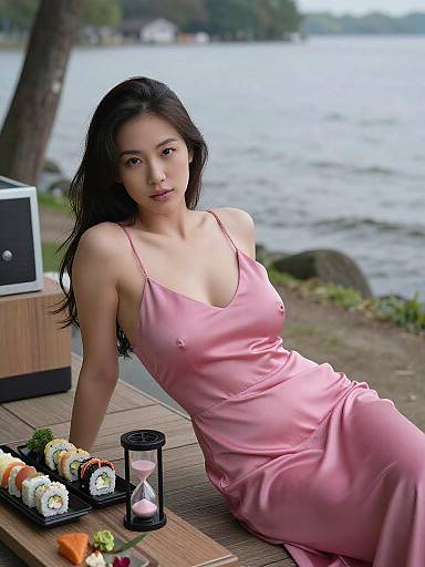 Photograph of an Asian woman with long black hair, wearing a pink satin dress, sitting by a lakeside, with sushi and a timer on a