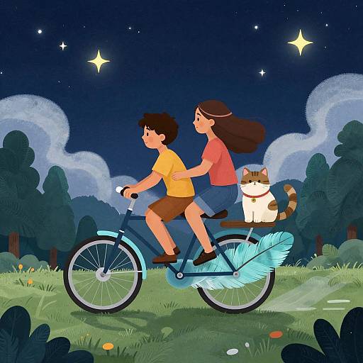 Digital illustration of a boy in a yellow shirt and brown shorts, and a girl in a pink top, riding a blue bicycle with a cat, under