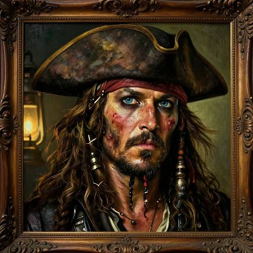 Photorealistic painting of a rugged pirate with blood-stained face, blue eyes, and tricorn hat, framed in ornate wooden frame.