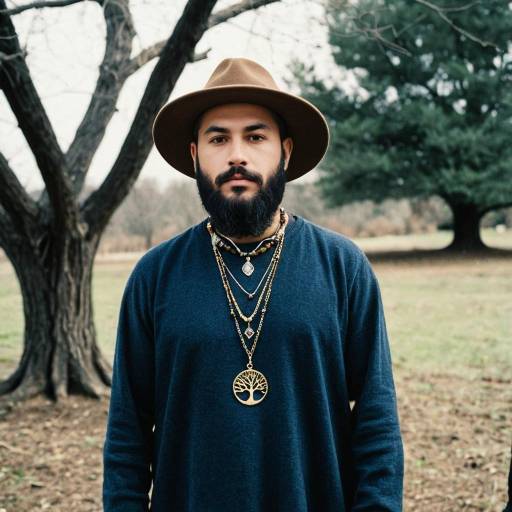 Bearded man with hat and layered necklaces outdoors