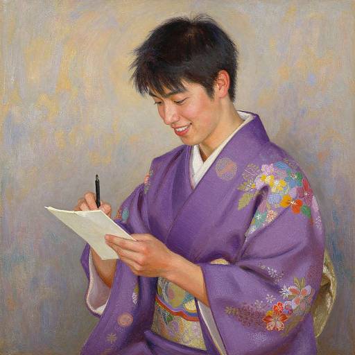 Young Japanese Man Writing in Purple Kimono
