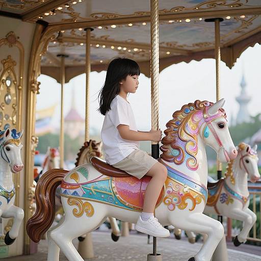 Photograph of an Asian girl with black hair, wearing a white shirt and beige shorts, riding a colorful, ornate carousel horse.
