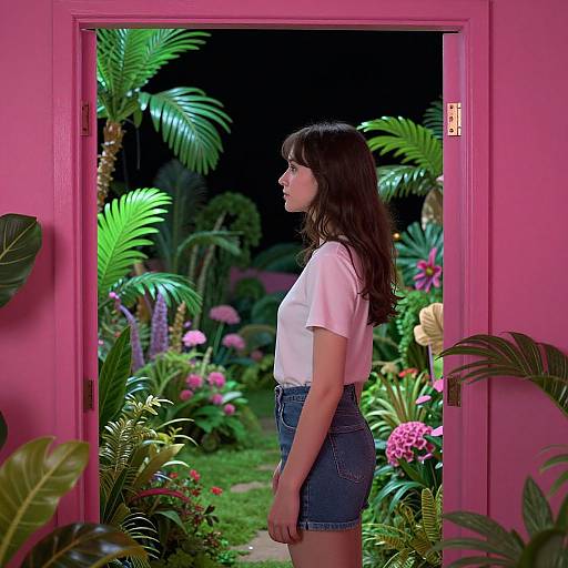 Photograph of a brunette woman in a white crop top and denim shorts, standing in a vibrant, pink-framed garden doorway. Lush greenery