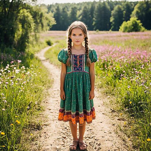 Young Girl in Bohemian Dress on Meadow Path