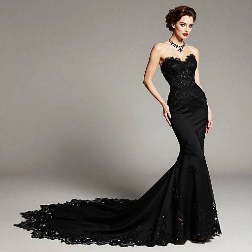 Photograph of a fair-skinned, dark-haired woman in a strapless, black, lace-embellished, mermaid-style evening gown with